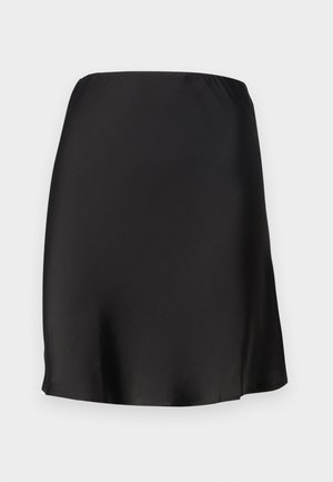 Black satin mini skirt with an elastic waistband, smooth texture, and simple cut. No patterns or accents present.