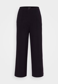 Pantalon noir à jambes larges en tissu lisse, avec une fermeture à boutons, deux poches avant et un design épuré et minimaliste.