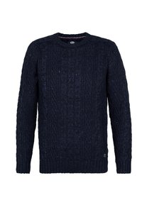 Pulover tricotat bleumarin cu un model texturat de cablu și manșete cu nervuri. Decolteu rotund cu un detaliu contrastant la gulerul interior.