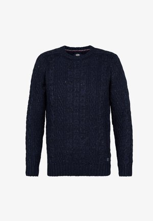 Maglione lavorato a maglia blu navy con un motivo a treccia testurizzata e polsini a costine. Collo rotondo con un dettaglio del colletto interno a contrasto.