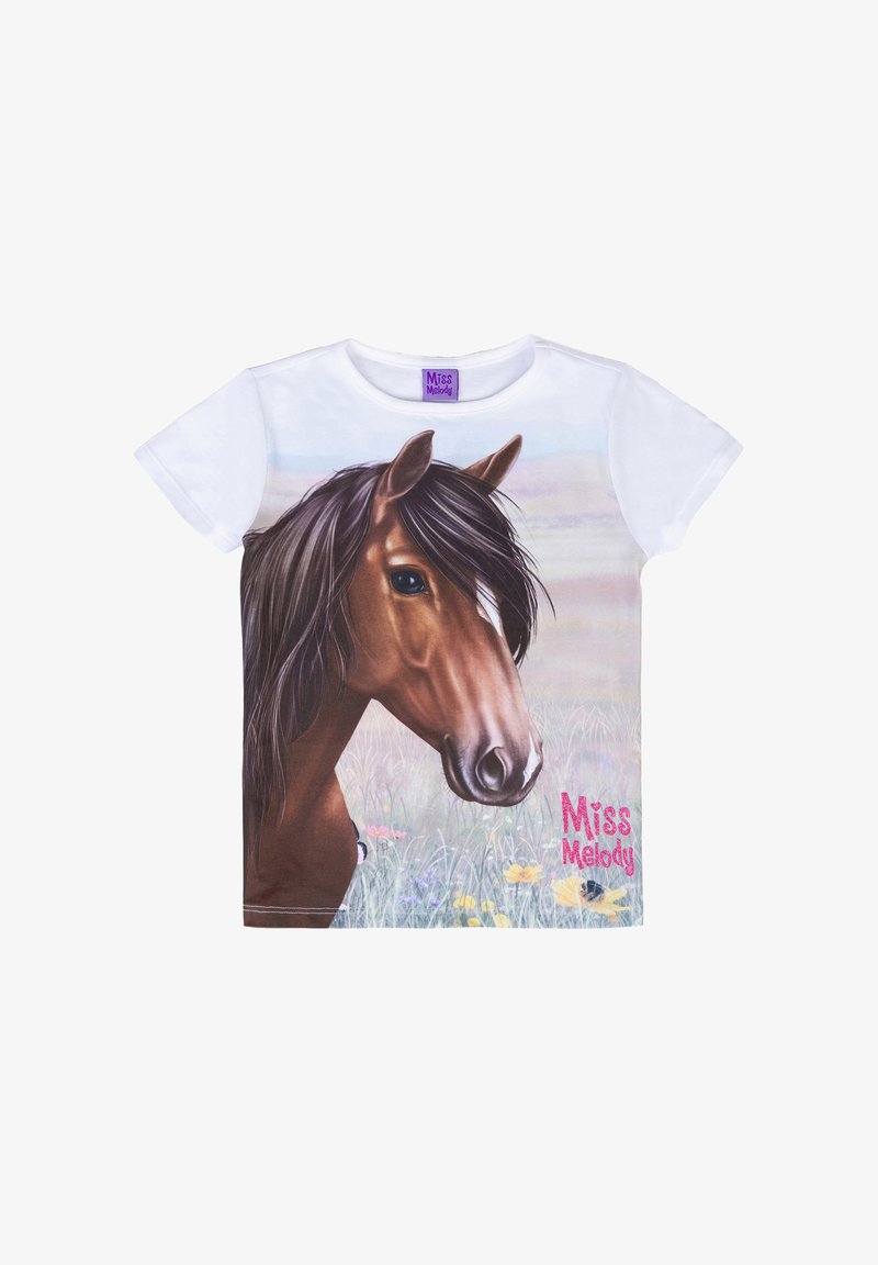 T-shirt bianco in cotone con una grande grafica di un cavallo marrone con criniera nera, circondato da fiori, e la scritta "Miss Melody" in rosa.