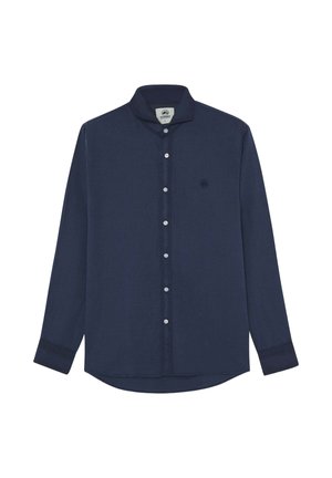 Camisa azul marino de manga larga con botones, cuello mao y botones blancos, con un pequeño logo bordado en el pecho.