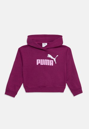 Børnestørrelse lilla hættetrøje med lange ærmer og hvidt Puma-logo foran i midten mod hvid baggrund.