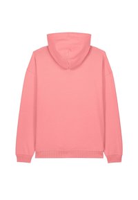 Felpa rosa semplice con maniche lunghe, polsini a coste e cappuccio, vista da dietro su uno sfondo bianco.