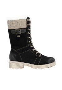Black suede lace-up boots with a gray wool cuff, rubber sole, silver-tone hardware, and contrasting stitching details.