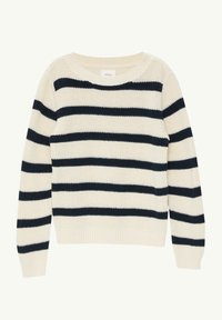Gestreifter Pullover in Creme und Marineblau, gestrickte Textur, runder Ausschnitt, gerippte Bündchen und Saum, leichter Stoff.