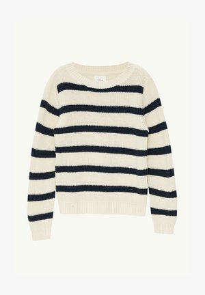 Gestreifter Pullover in Creme und Marineblau, gestrickte Textur, runder Ausschnitt, gerippte Bündchen und Saum, leichter Stoff.