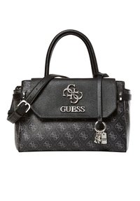 Sort Guess håndtaske i kunstlæder med logo-print, sølvbeslag, tophåndtag og justerbar skulderrem.