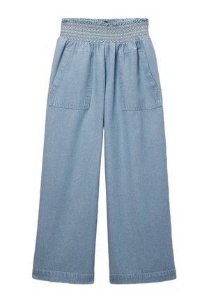 Pantalon bleu clair à jambes larges avec taille élastique froncée et grandes poches plaquées à l'avant.