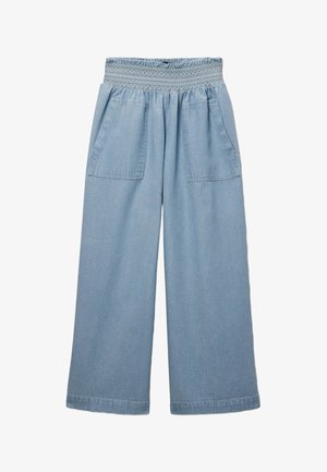 Pantalon bleu clair à jambes larges avec taille élastique froncée et grandes poches plaquées à l'avant.