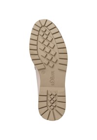 Suola di una scarpa, in gomma beige chiaro con un motivo di battistrada testurizzato, dotata di un logo e della taglia "37" impressi sul lato.