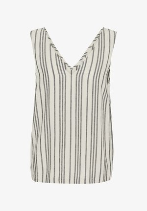 Stripped sleeveless top in light beige with dark gray vertical stripes, V-neckline, and soft, textured fabric. Minimalistic design, no additional details.