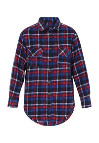 Camicia a flanella a quadri rossa, blu e nera con maniche lunghe, chiusura frontale con bottoni e due tasche sul petto. Materiale morbido con orlo rotondo.