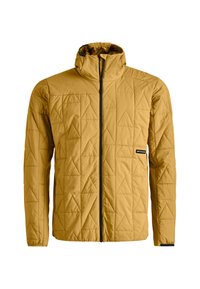 Gelb gesteppte Jacke mit hohem Kragen und Reißverschluss, mit dreieckigen Mustern und einem schwarzen Logoschild auf der Vorderseite.
