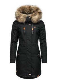 Black parka jacket with a faux fur-lined hood, snapped front, adjustable drawstrings, side pockets, and subtle logo detail on the chest.