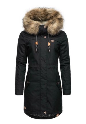 Zwarte parka-jas met een faux fur-voering bij de capuchon, drukknopen aan de voorkant, verstelbare trekkoorden, zijzakken en een subtiele logo-borstsprint.