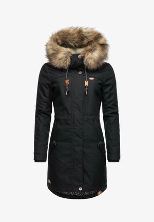 Črn parka s kapuco obloženko iz umetnega krzna, z gumbasto zapenjanjem spredaj, nastavljivimi vrvmi, stranskimi žepi in diskretnim logotipom na prsih.