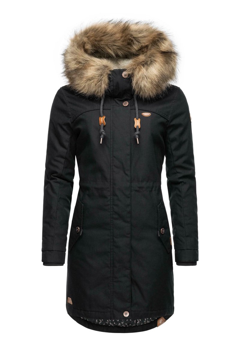 Black parka jacket with a faux fur-lined hood, snapped front, adjustable drawstrings, side pockets, and subtle logo detail on the chest.