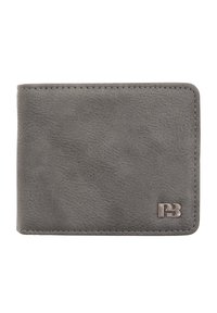 Gray leather wallet featuring a textured surface, rounded corners, and a subtle logo accent on the front. Measures compactly for portability.