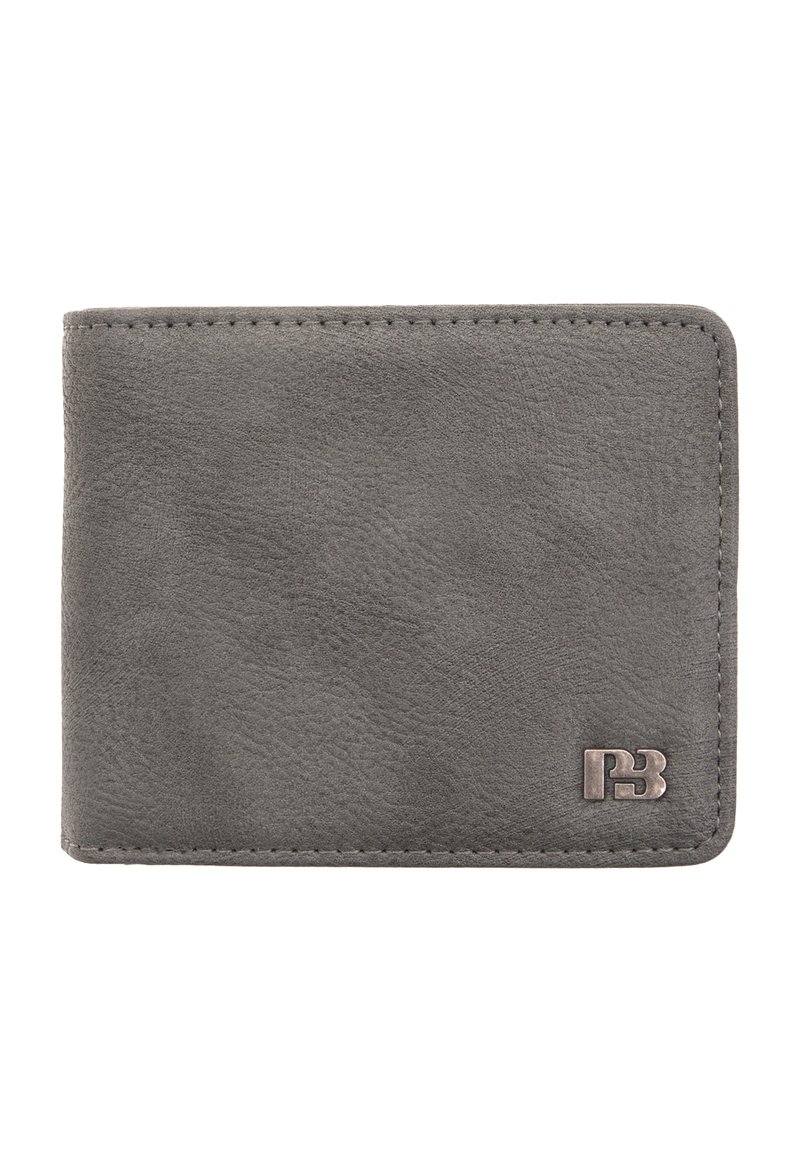 Gray leather wallet featuring a textured surface, rounded corners, and a subtle logo accent on the front. Measures compactly for portability.