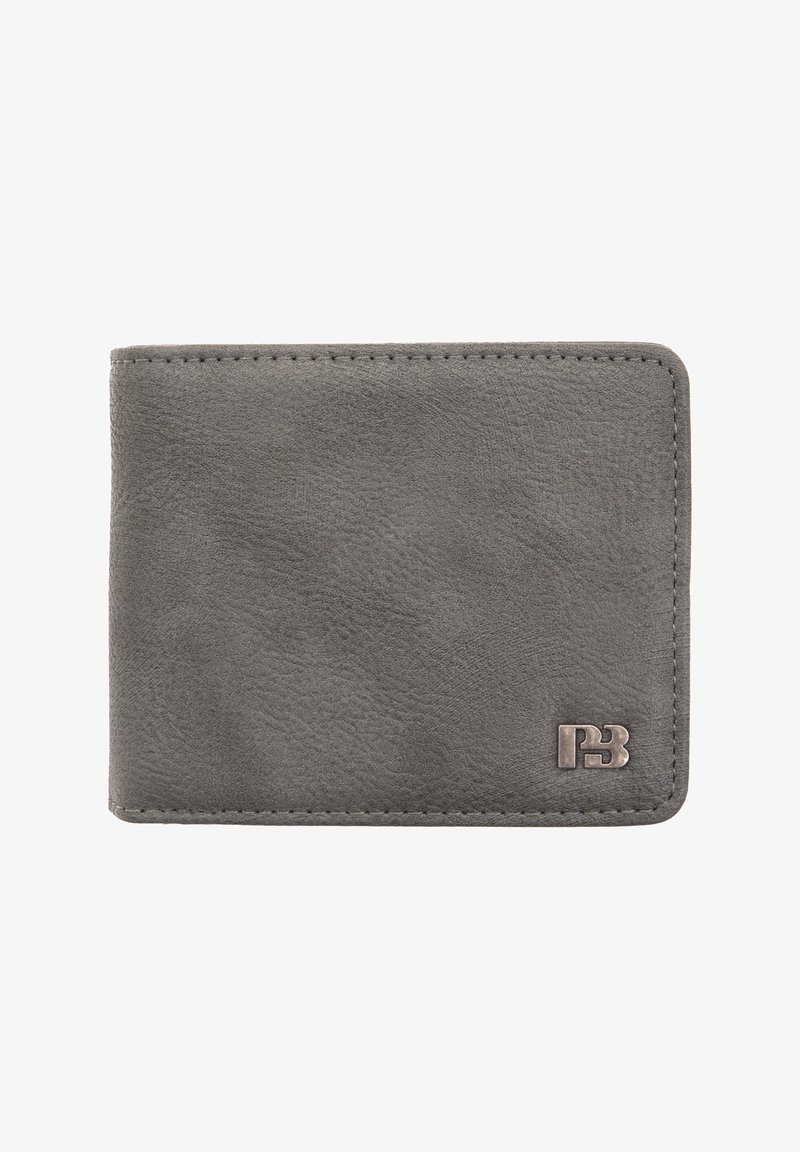 Gray leather wallet featuring a textured surface, rounded corners, and a subtle logo accent on the front. Measures compactly for portability.