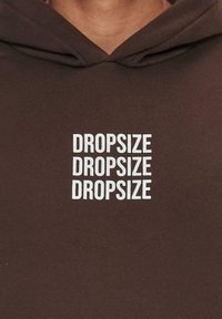 Brauner Hoodie aus weichem Stoff, mit drei gestapelten weißen Textdrucken, die "DROPSIZE" sagen. Minimalistisches Design, keine weiteren Muster.