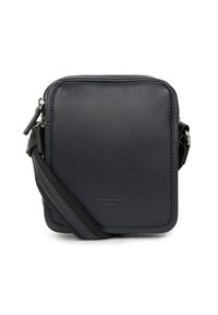 Borsa a tracolla in pelle blu scuro con finitura texture, forma rettangolare, chiusura con zip e tracolla regolabile. Presenta il logo del marchio sul fronte.
