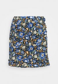 Jupe fleurie, fond noir avec des fleurs bleues et jaunes, ourlet à volants, taille élastique, longueur courte, tissu léger.