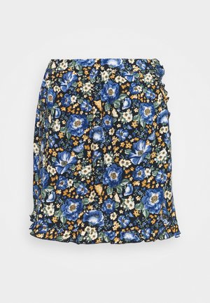 Jupe fleurie, fond noir avec des fleurs bleues et jaunes, ourlet à volants, taille élastique, longueur courte, tissu léger.
