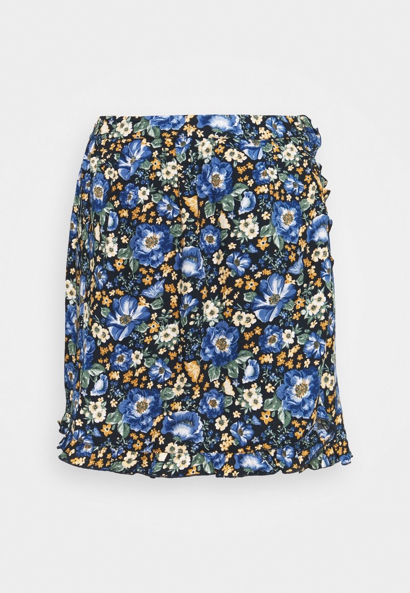 Jupe fleurie, fond noir avec des fleurs bleues et jaunes, ourlet à volants, taille élastique, longueur courte, tissu léger.