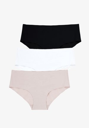 Trois paires de culottes hipster pour femmes en noir, blanc et nude. Fabriquées en tissu lisse sans coutures visibles. Design simple et classique.