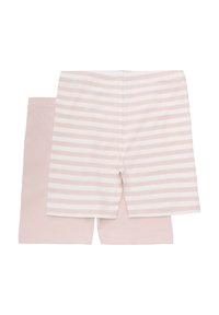 Lichtroze short set, bestaande uit een paar met horizontale witte strepen en een andere in effen roze, gemaakt van zachte, elastische stof.