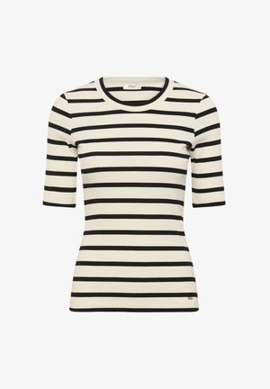 Schwarz-weiß gestreiftes Kurzarmoberteil mit gerippter Textur und rundem Halsausschnitt. Mit einem Logotype-Anhänger am Saum.