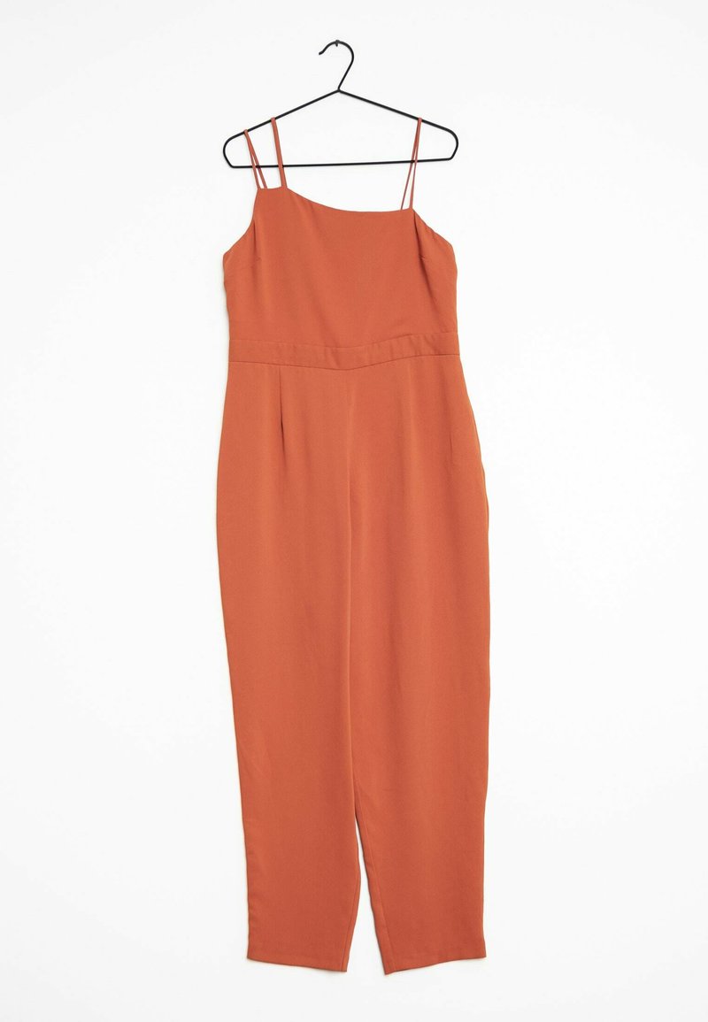Rust-colored jumpsuit with thin straps, a fitted bodice, and wide-leg pants. Made from a smooth fabric and features a simple, clean design.