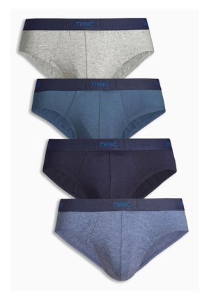 Unterhosen in vier Farben: Hellgrau, Dunkelgrau, Dunkelblau und Marineblau. Jede hat einen weichen Stoff und einen kontrastierenden blauen Elastikbund mit dem "next"-Logo.
