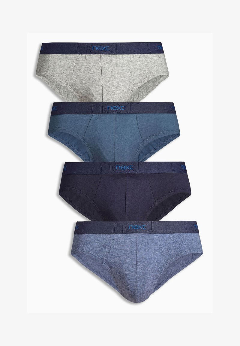 Unterhosen in vier Farben: Hellgrau, Dunkelgrau, Dunkelblau und Marineblau. Jede hat einen weichen Stoff und einen kontrastierenden blauen Elastikbund mit dem "next"-Logo.