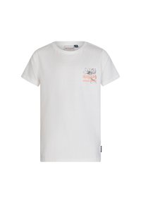 Biała bawełniana koszulka z małym kwiatowym wzorem oraz napisem "RETOUR JEANS" w pomarańczowym kolorze na lewej piersi. Krótkie rękawy i okrągły dekolt.