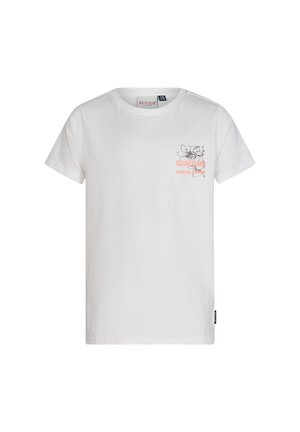 Witte katoenen t-shirt met een klein bloemmotief en de tekst "RETOUR JEANS" in oranje op de linkerborst. Korte mouwen en ronde hals.