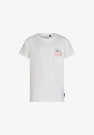 Biała bawełniana koszulka z małym kwiatowym wzorem oraz napisem "RETOUR JEANS" w pomarańczowym kolorze na lewej piersi. Krótkie rękawy i okrągły dekolt.