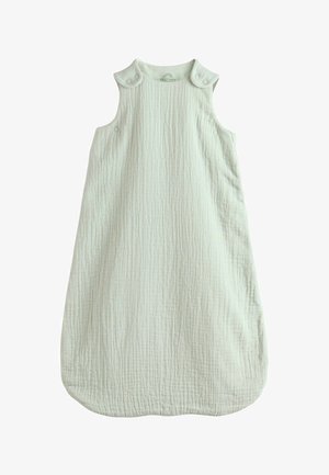 Weißer ärmelloser Babyschlafsack mit gesteppter Struktur und Druckknöpfen an Schultern und Seiten.