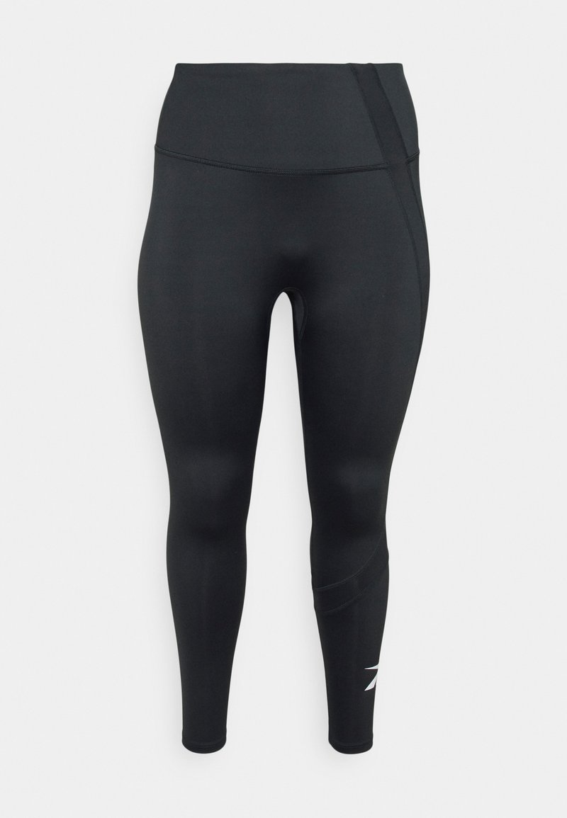 Svarta leggings med hög midja, tillverkade av ett slätt material. Har en texturerad sidopanel och en liten vit logotyp nära vristen.