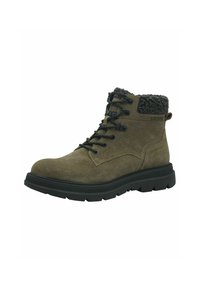 Botte chelsea en suédine marron avec un col en fourrure grise texturée, des lacets noirs et une semelle robuste. Présente un patch logo sur le côté.