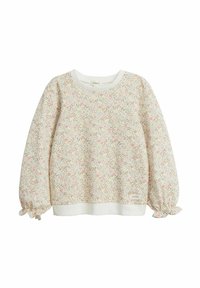 Långärmad sweatshirt i off-white med ett blommönster i rosa och grönt. Har elastiska muddarför och en ribbad halsringning.