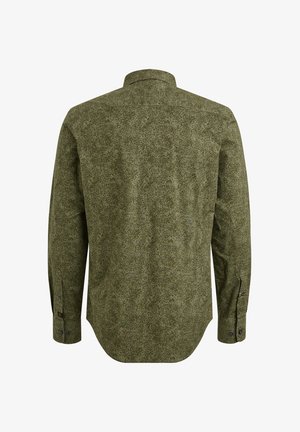 T-paita pitkähihaisena oliivinvihreänä, jossa on teksturoitu kuvio, napitettavat hihansuut ja terävä kaulus. Varustettuna pyöristetyllä helman muotoilulla ja kontrastivärisellä ompelulla.