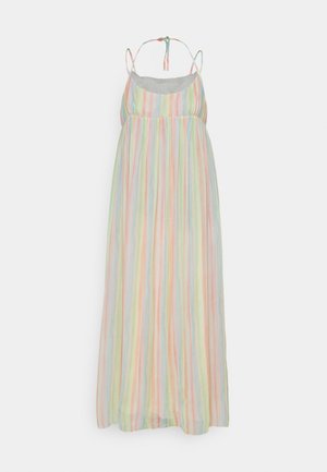 Abito maxi senza spalline in tessuto leggero e trasparente con righe verticali pastello in rosa, verde, blu, beige e arancione. Chiusura con lacci regolabili.