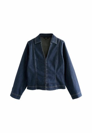 Mørkeblå denimjakke med lange ærmer, krave og detaljer ved frontsyning, uden synlige knapper eller lynlåse.