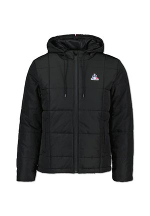 Black puffer jacket with a zip front, adjustable hood, quilted pattern, and a small logo on the left chest. Smooth texture and casual fit.
