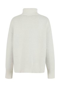 Hellgrau gestrickter Rollkragenpullover mit gerippten Bündchen und Saum. Verfügt über einen entspannten, kastigen Schnitt mit überschnittenen Schultern und einer glatten Textur.