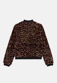 Giacca nera a maniche lunghe coperta di paillettes colorate e lucenti, con colletto a coste, polsini e orlo a coste, mostrata dal retro su uno sfondo bianco.