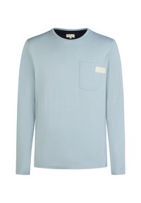 Lichtblauwe longsleeve t-shirt, gemaakt van zachte katoen, met een borstzak en een label op de zak. Standaard ronde hals ontwerp.